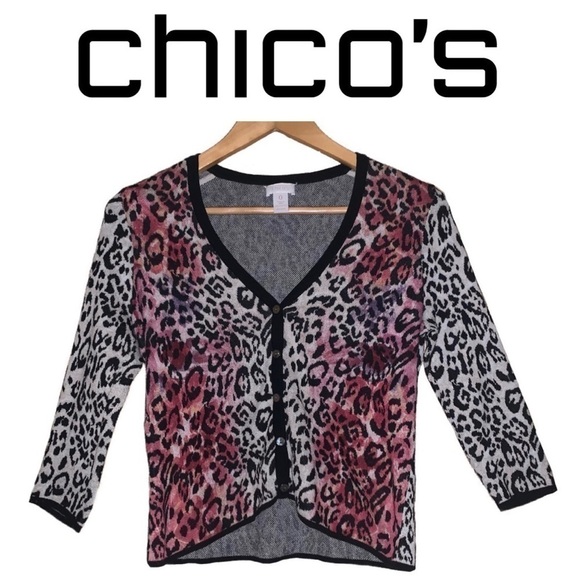 CHICO’S size 0 Leopard Print 3/4 Sleeve Cardigan Sweater Animal Pink Women’s S 4 - Picture 1 of 13